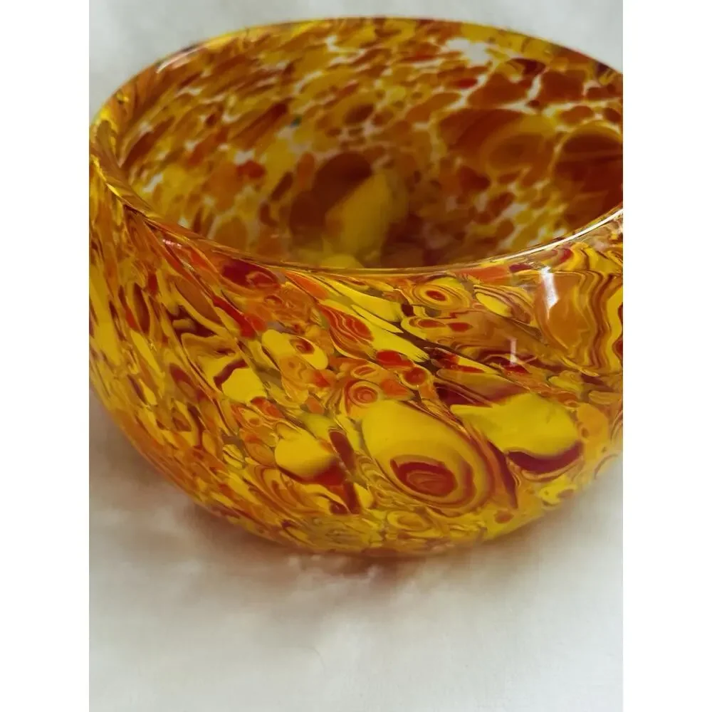 Vtg Hand Blown Murano Art Glass Bowl Red Yellow Orange Swirl 6